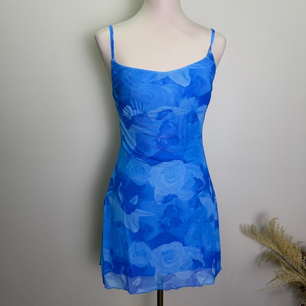 Y2K-Style Blue Floral Mesh Overlay Cami Mini Dress size M